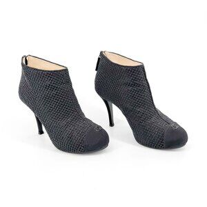 Chanel CC Cap Toe Ankle Booties Size 38.5 US 7.5-8 Black Beaded High Heel Boot
